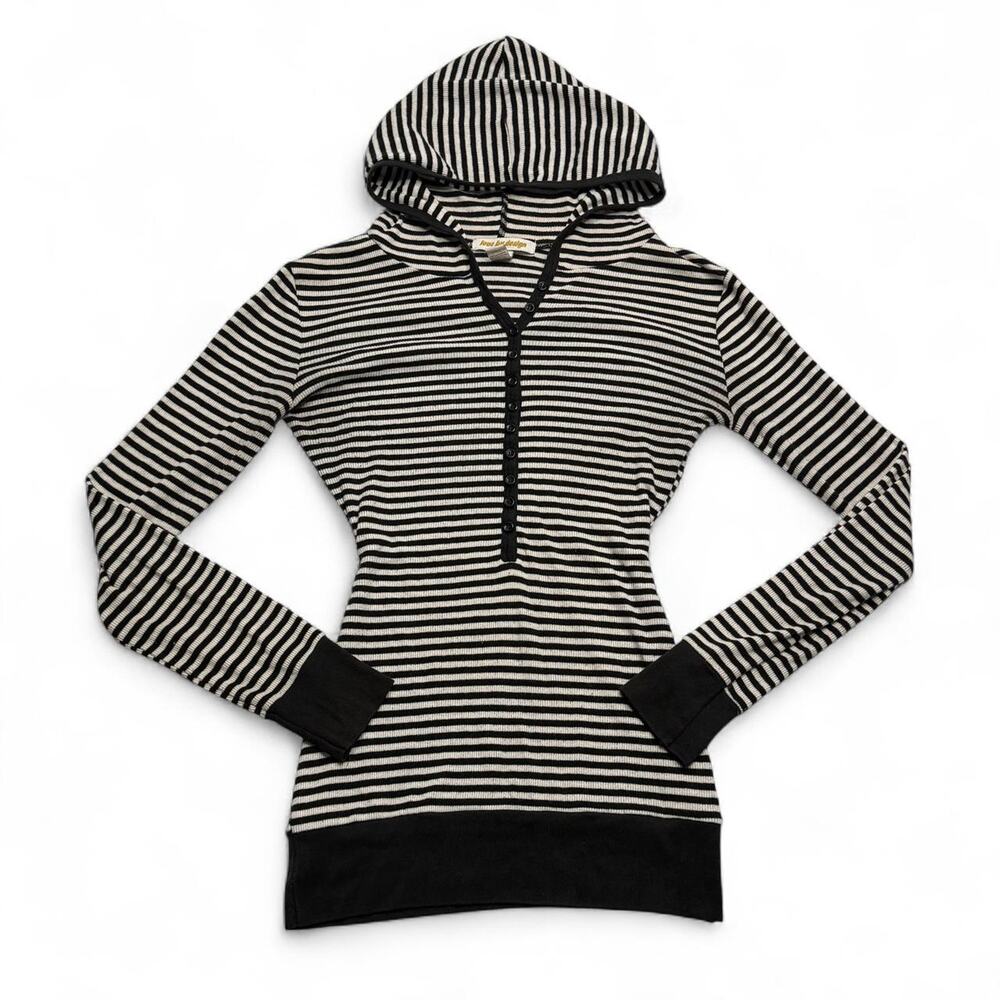 Y2K black and white striped Henley cotton hooded long sleeve layering size S